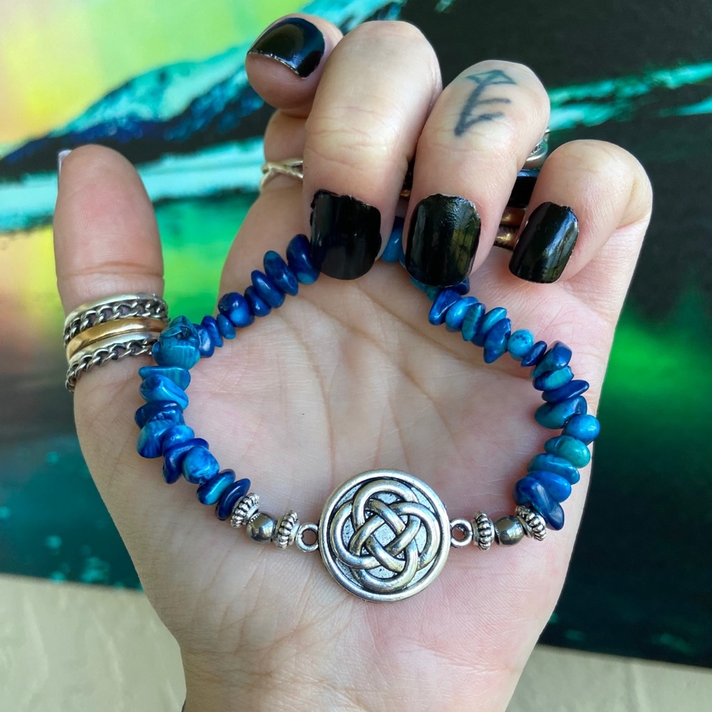 Blue coral chips & celtic knot coin charm bracelet